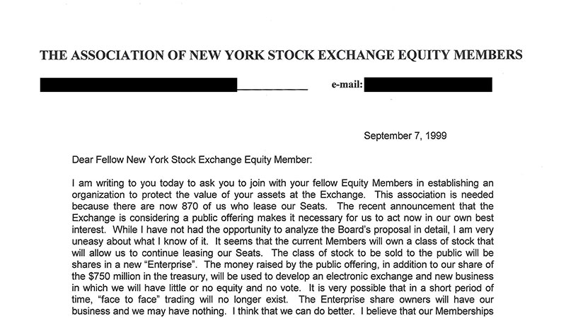 Letter to The Association of New York Stock Exchange Equity Members